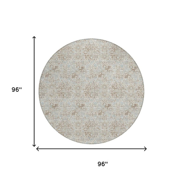 8 Foot Round Ivory Silver Damask Polyester Rug Stain Resistant Indoor Outdoor