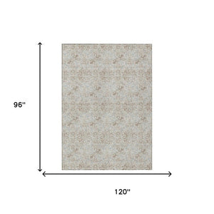 8 X 10 Ivory Silver Damask Polyester Area Rug Washable Stain Resistant Indoor Outdoor