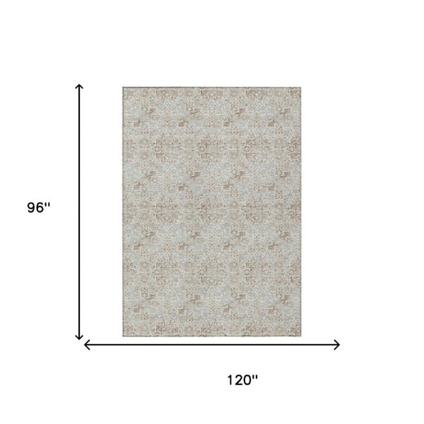 8 X 10 Ivory Silver Damask Polyester Area Rug Washable Stain Resistant Indoor Outdoor