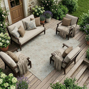 10 X 14 Ivory Silver Damask Polyester Area Rug Washable Stain Resistant Indoor Outdoor