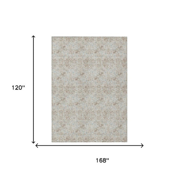 10 X 14 Ivory Silver Damask Polyester Area Rug Washable Stain Resistant Indoor Outdoor