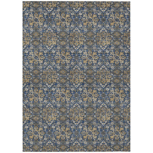HomeRoots 5x8 Navy Damask Polyester Area Rug Washable Stain Resistant Indoor Outdoor Patio 741280