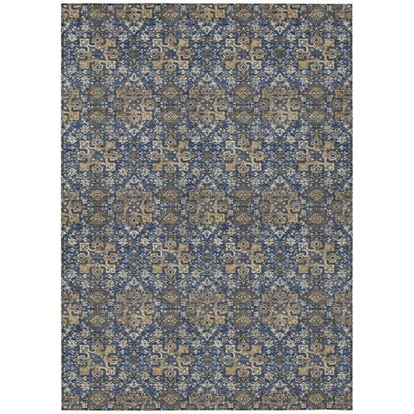 HomeRoots 5x8 Navy Damask Polyester Area Rug Washable Stain Resistant Indoor Outdoor Patio 741280