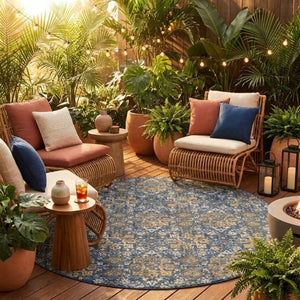 8 Foot Round Damask Polyester Rug Stain Resistant Indoor Outdoor Patio Family Room