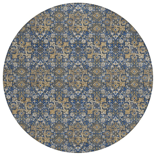 HomeRoots 8 Foot Round Damask Polyester Rug Stain Resistant Indoor Outdoor Patio Family Room 741281