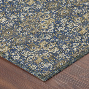 8 Ft X 10 Ft Navy Damask Polyester Area Rug Stain Resistant for Patio or Living Room