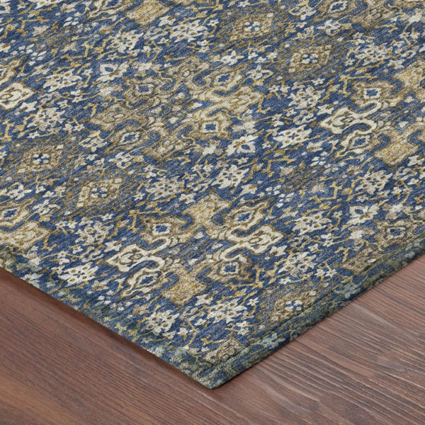 8 Ft X 10 Ft Navy Damask Polyester Area Rug Stain Resistant for Patio or Living Room