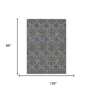 8 Ft X 10 Ft Navy Damask Polyester Area Rug Stain Resistant for Patio or Living Room