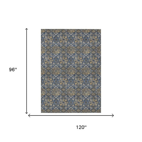 8 Ft X 10 Ft Navy Damask Polyester Area Rug Stain Resistant for Patio or Living Room