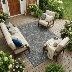 9x12 Navy Damask Polyester Area Rug Washable Stain Resistant Indoor Outdoor Patio