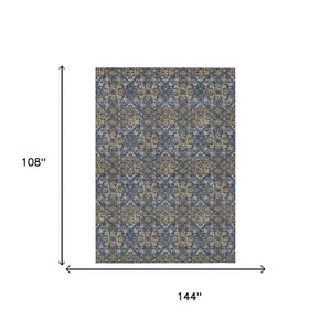 9x12 Navy Damask Polyester Area Rug Washable Stain Resistant Indoor Outdoor Patio