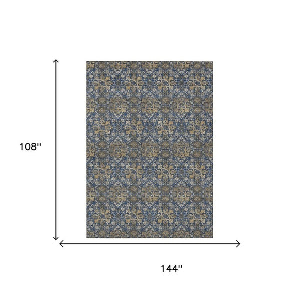 9x12 Navy Damask Polyester Area Rug Washable Stain Resistant Indoor Outdoor Patio