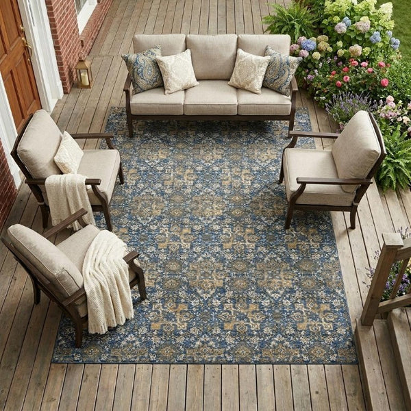 10 X 14 Navy Damask Polyester Area Rug Washable Stain Resistant Indoor Outdoor
