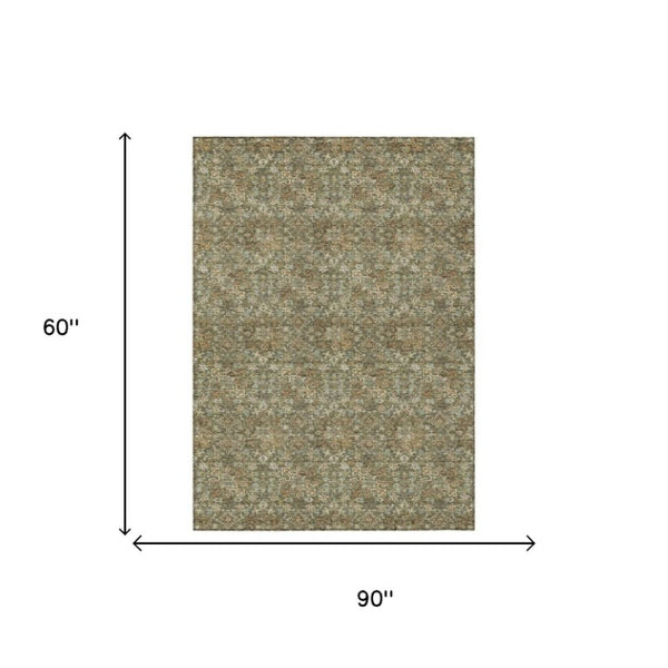 5x8 Olive Damask Polyester Area Rug Stain Resistant for Indoor Outdoor Use