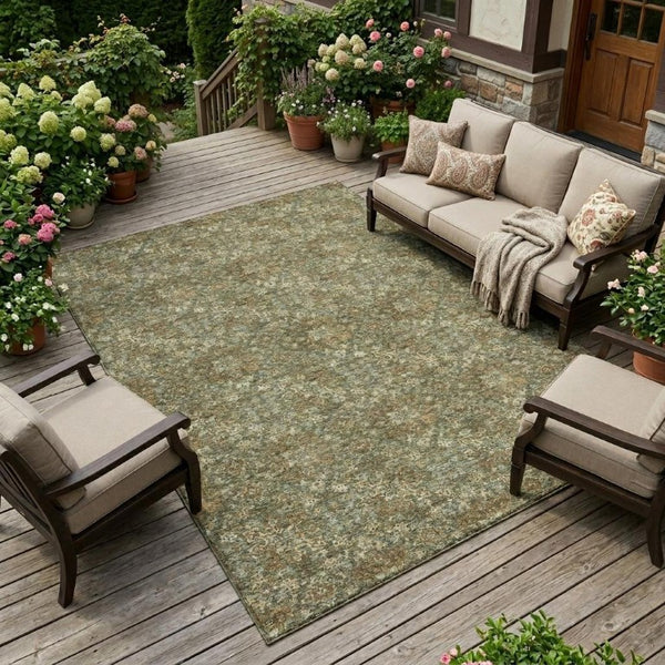 9 X 12 Olive Damask Polyester Area Rug Stain Resistant Indoor Outdoor Patio