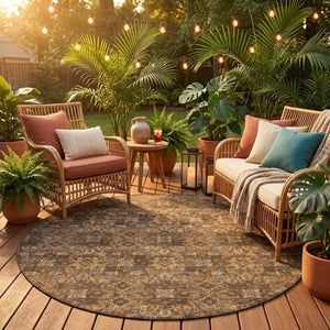8 Foot Round Damask Polyester Rug Washable Stain Resistant Patio or Family Room