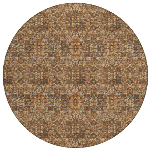 HomeRoots 8 Foot Round Damask Polyester Rug Washable Stain Resistant Patio or Family Room 741293