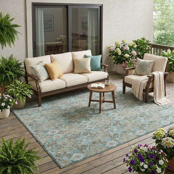 5 X 8 Damask Polyester Area Rug Washable Stain Resistant Indoor Outdoor Teal Pewter
