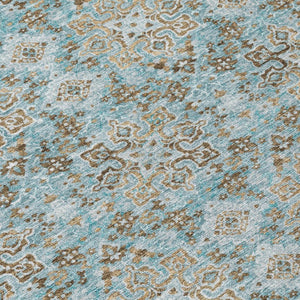 5 X 8 Damask Polyester Area Rug Washable Stain Resistant Indoor Outdoor Teal Pewter
