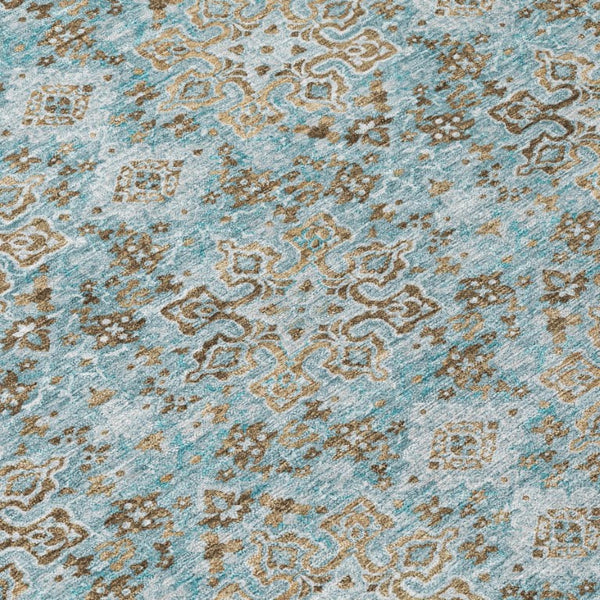 5 X 8 Damask Polyester Area Rug Washable Stain Resistant Indoor Outdoor Teal Pewter