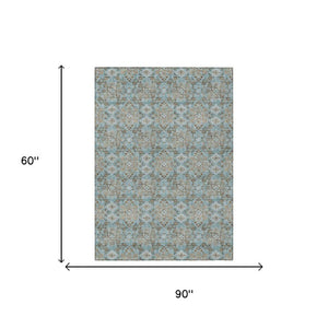 5 X 8 Damask Polyester Area Rug Washable Stain Resistant Indoor Outdoor Teal Pewter