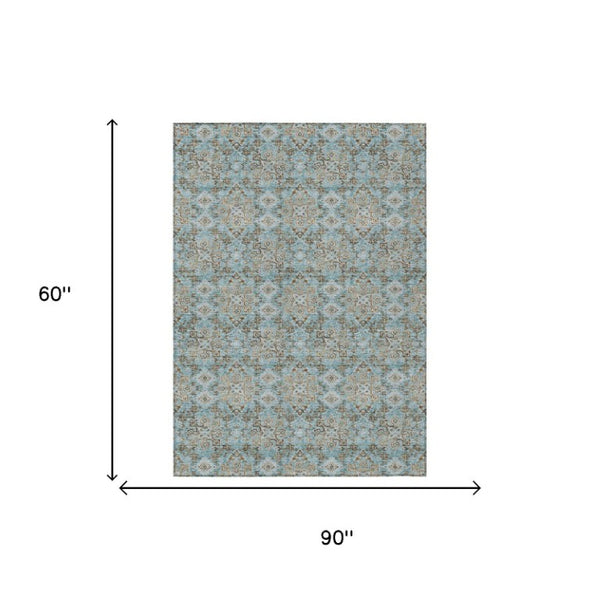 5 X 8 Damask Polyester Area Rug Washable Stain Resistant Indoor Outdoor Teal Pewter