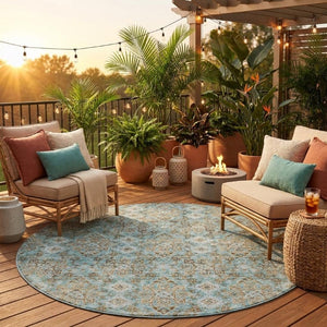 8 Foot Round Damask Polyester Area Rug Teal Pewter Washable Indoor Outdoor