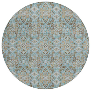HomeRoots 8 Foot Round Damask Polyester Area Rug Teal Pewter Washable Indoor Outdoor 741299