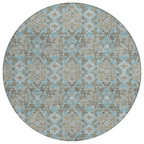HomeRoots 8 Foot Round Damask Polyester Area Rug Teal Pewter Washable Indoor Outdoor 741299