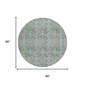 8 Foot Round Damask Polyester Area Rug Teal Pewter Washable Indoor Outdoor