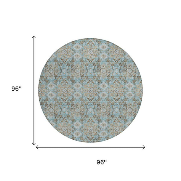 8 Foot Round Damask Polyester Area Rug Teal Pewter Washable Indoor Outdoor