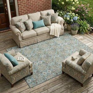 9x12 Teal Pewter Damask Polyester Area Rug Stain Resistant Indoor Outdoor Patio
