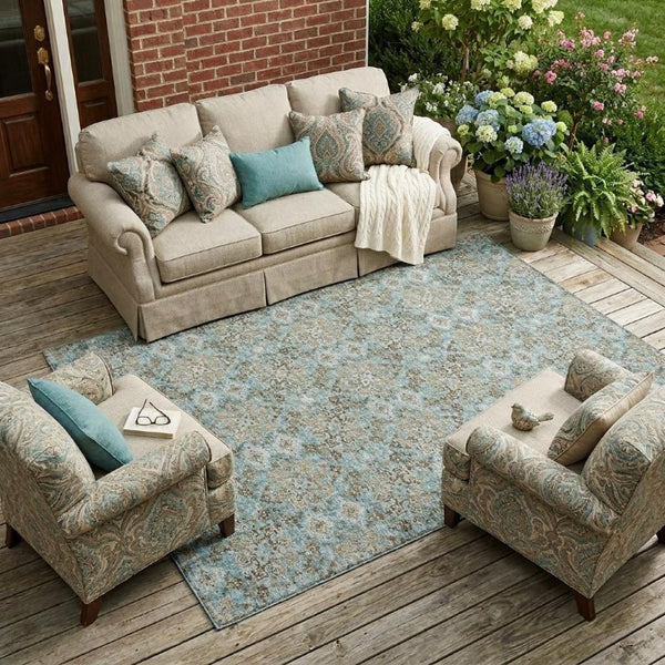 9x12 Teal Pewter Damask Polyester Area Rug Stain Resistant Indoor Outdoor Patio