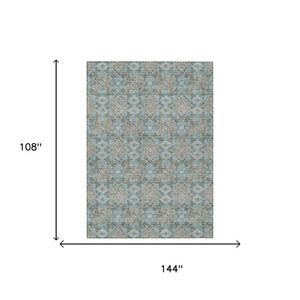 9x12 Teal Pewter Damask Polyester Area Rug Stain Resistant Indoor Outdoor Patio