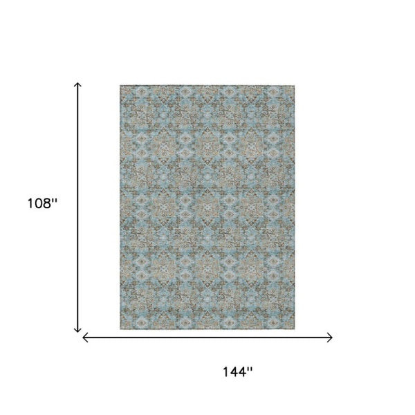 9x12 Teal Pewter Damask Polyester Area Rug Stain Resistant Indoor Outdoor Patio