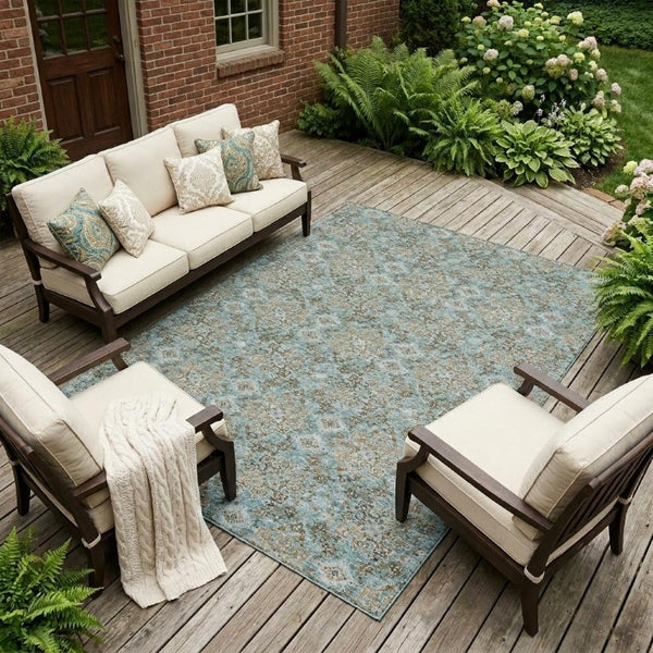 10 X 14 Teal Pewter Damask Polyester Washable Rug for Indoor Outdoor Living