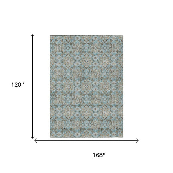 10 X 14 Teal Pewter Damask Polyester Washable Rug for Indoor Outdoor Living
