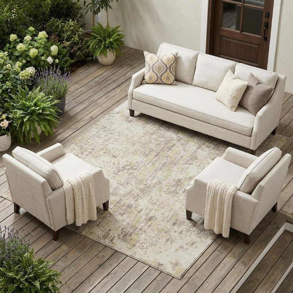8x10 Ivory Silver Abstract Polyester Area Rug Stain Resistant for Indoor Outdoor Use