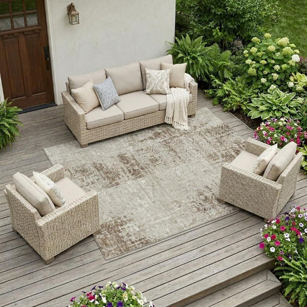 10 X 14 Abstract Beige Brown Polyester Area Rug Stain Resistant Indoor Outdoor
