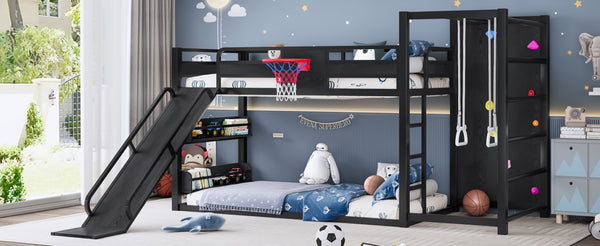 English Elm Twin Xl Metal Loft Bed with Climbing Wall Slide Basketball Hoop and Bookshelves W1580S00588