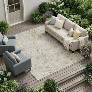 9x12 Ivory Silver Abstract Polyester Area Rug for Indoor Outdoor Living Spaces
