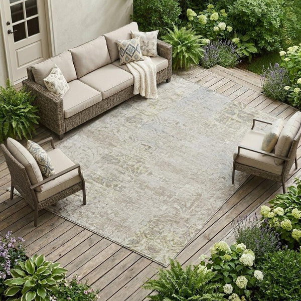 10 X 14 Abstract Ivory Silver Polyester Area Rug Washable for Indoor Outdoor Use