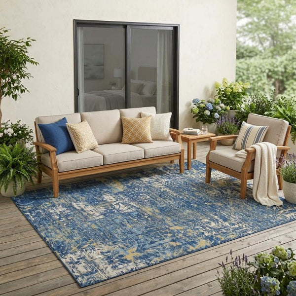 5x8 Navy Abstract Polyester Area Rug Stain Resistant Washable Indoor Outdoor
