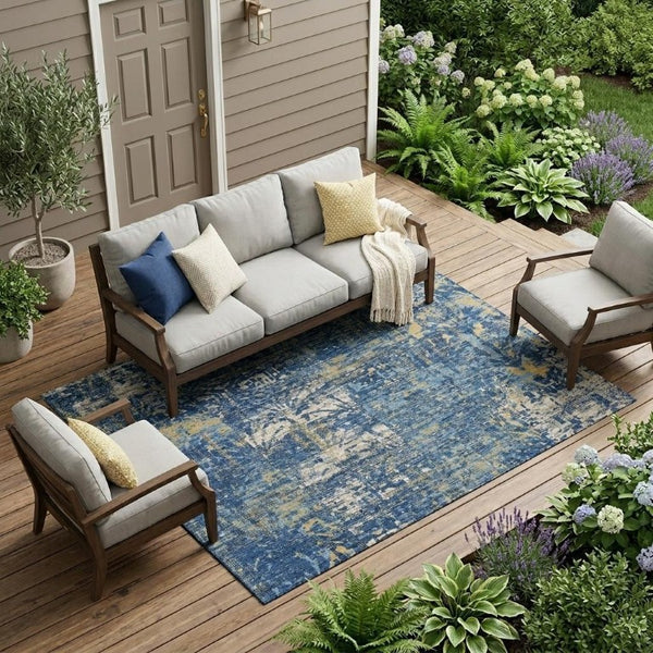 8 X 10 Abstract Navy Polyester Area Rug Washable Stain Resistant Indoor Outdoor Use