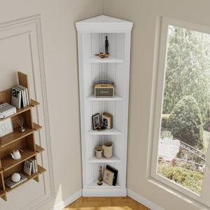 English Elm 83.4"Tall 5 Tier Corner Bookcase, Modern White Triangle Shelf Unit with Adjustable Shelves, Solid Wood Frame, Space-Saving Display for Living Room N751P191709K