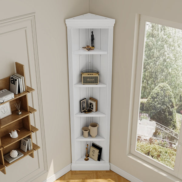 English Elm 83.4"Tall 5 Tier Corner Bookcase, Modern White Triangle Shelf Unit with Adjustable Shelves, Solid Wood Frame, Space-Saving Display for Living Room N751P191709K