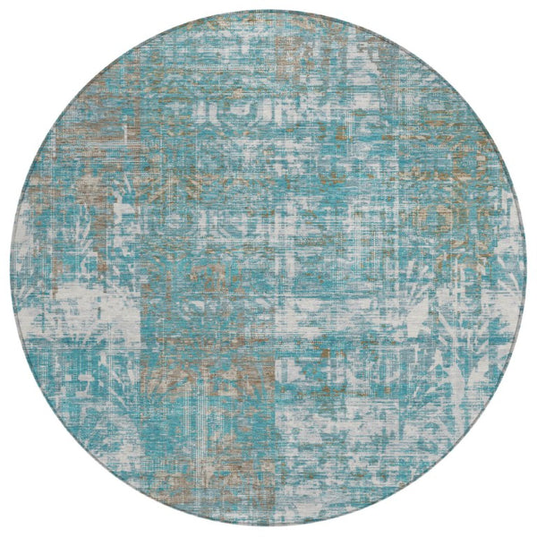 HomeRoots 8 Foot Round Abstract Polyester Area Rug Washable Teal Pewter Indoor Outdoor 741359