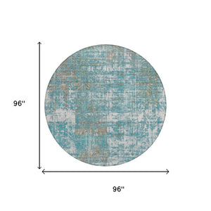 8 Foot Round Abstract Polyester Area Rug Washable Teal Pewter Indoor Outdoor