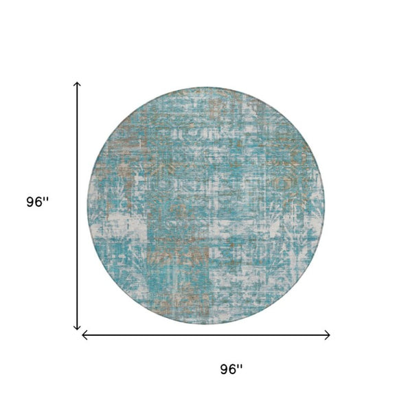 8 Foot Round Abstract Polyester Area Rug Washable Teal Pewter Indoor Outdoor