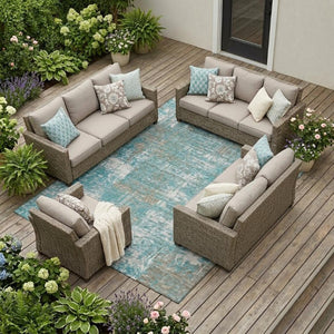 10 X 14 Abstract Teal Pewter Polyester Washable Rug for Indoor Outdoor Spaces
